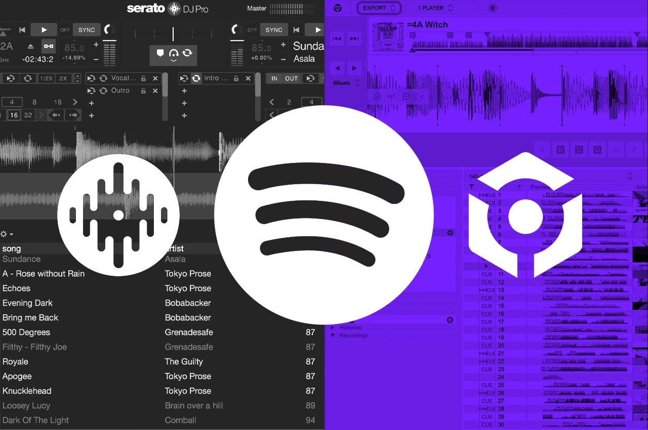 A graphic showing the rekorbox & serato logo with Spotify logo in the middle